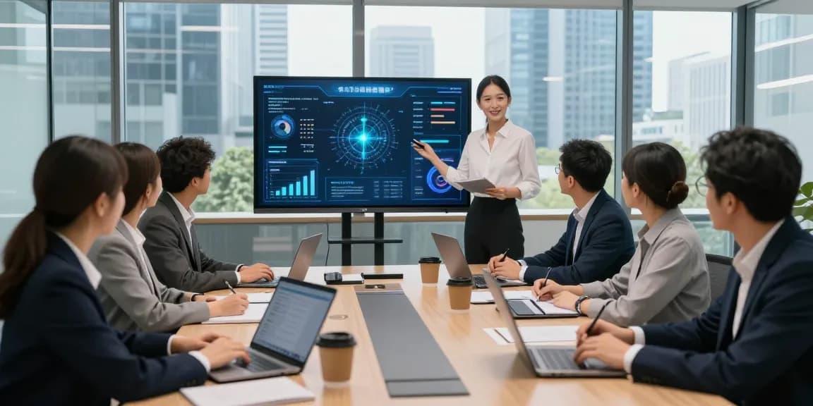 Business professionals collaborating on AI for business strategies in a modern office environment.