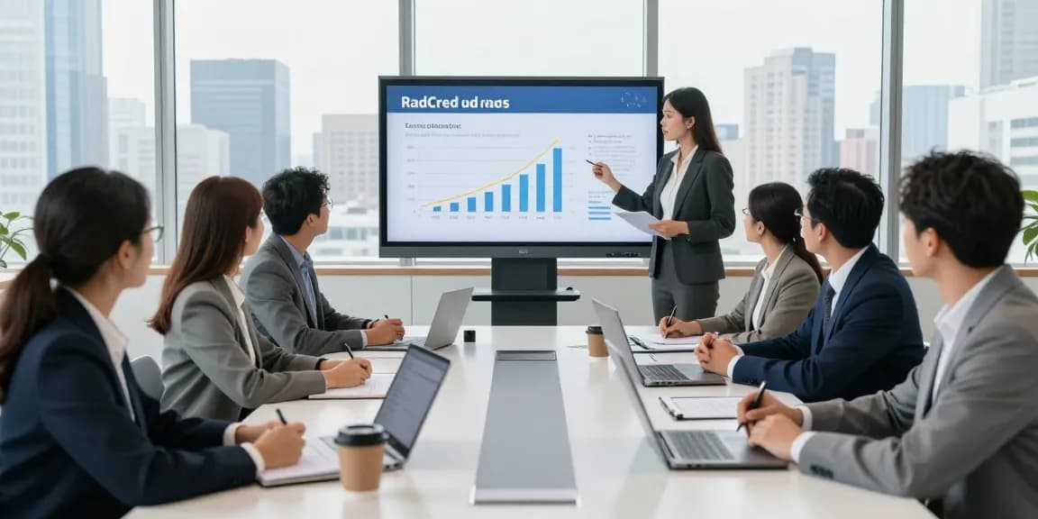 Team discussing RadCred loans benefits in a modern office atmosphere.