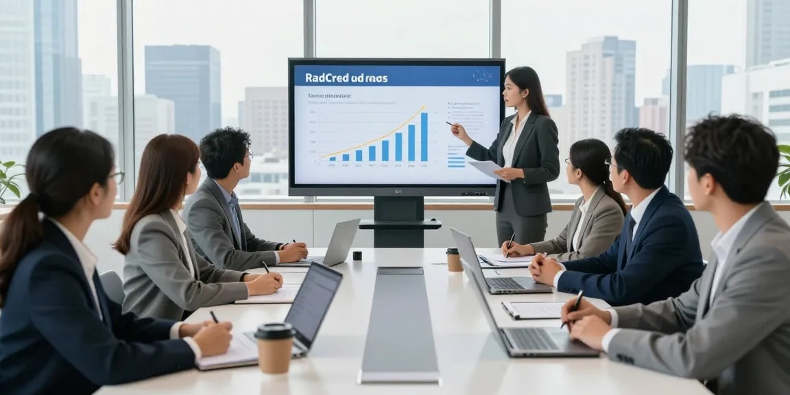 Team discussing RadCred loans benefits in a modern office atmosphere.