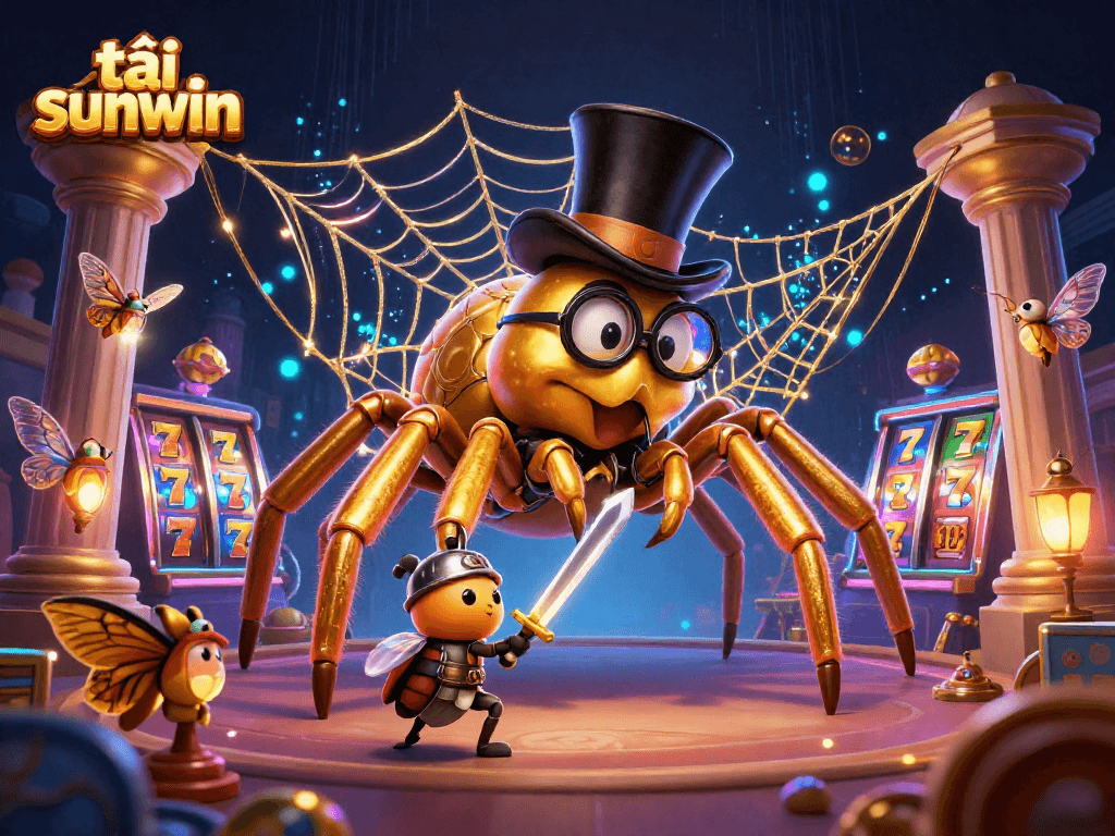 Join the fun by tải sunwin with a vibrant illustration featuring a golden tarantula and exciting slot games.