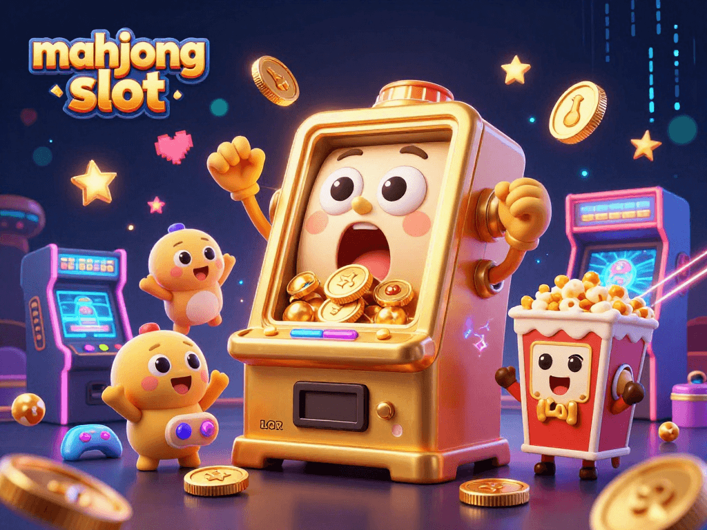 Experience the thrill of mahjong slot with a golden slot machine hitting a jackpot, surrounded by cheering mini slots and game elements.