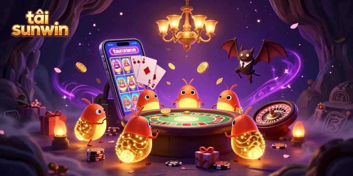 Experience excitement at the cave casino with tải sunwin, illuminated by glowing characters and vibrant game elements.
