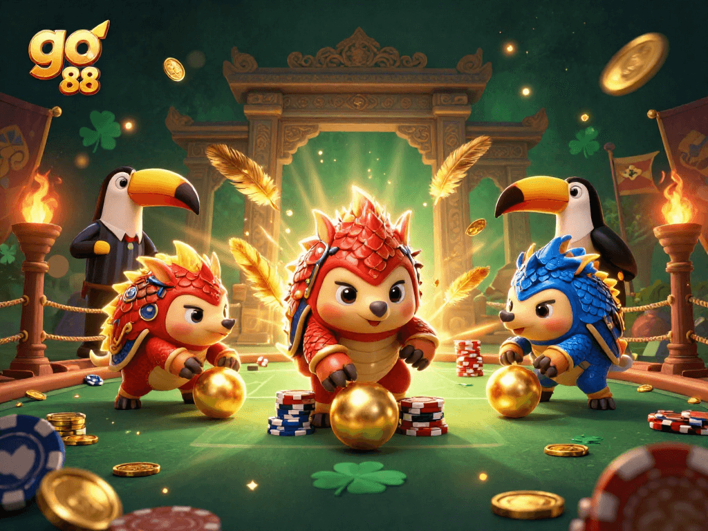 Engage with go 88 in this vibrant 3D illustration showcasing a gaming battle between stylish pangolins amidst a casino backdrop.