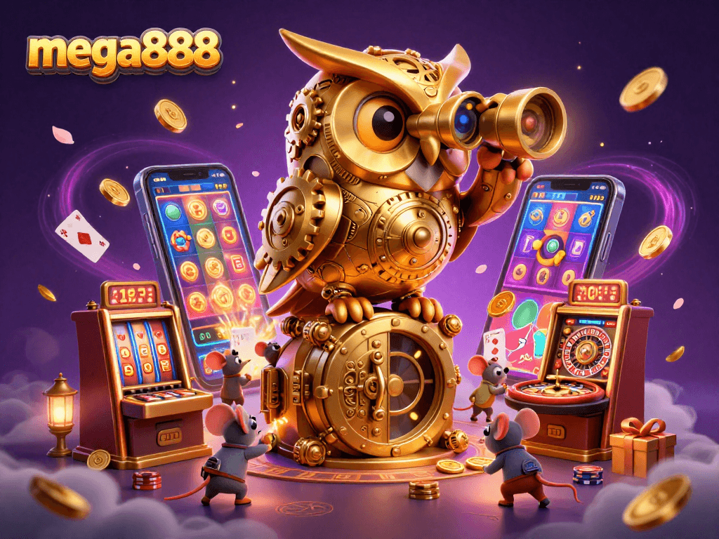 Mega888 menghidupkan pengalaman permainan slot yang seronok, dengan slot berlatar belakang kasino berwarna-warni.