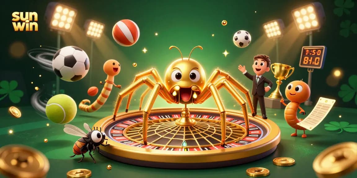 Experience the excitement of sun win through a vibrant 3D illustration showcasing cartoon characters and casino elements.