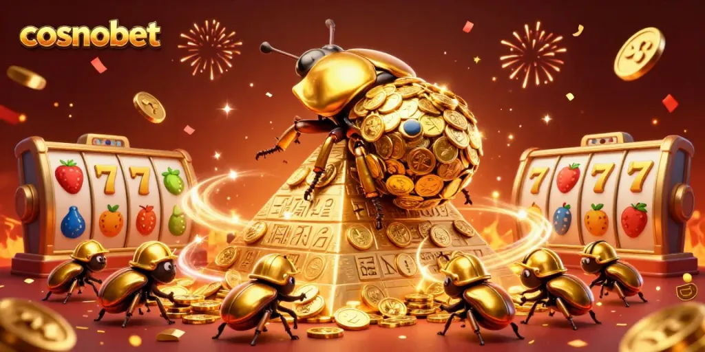 Experience exciting gameplay with cosmobet, as golden beetles celebrate in a vibrant casino scene.