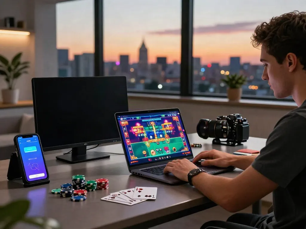 Engaged player exploring online credit card casinos on laptop in a stylish home setting with vibrant city views.