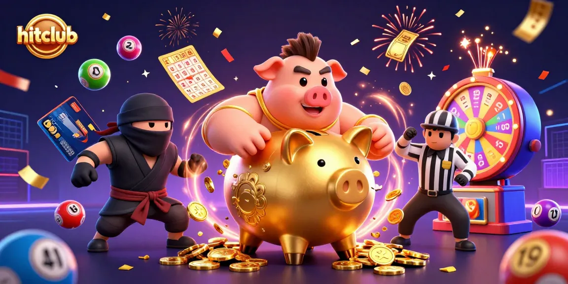 Exciting hitclub casino scene with dynamic characters, lottery balls, and vibrant elements