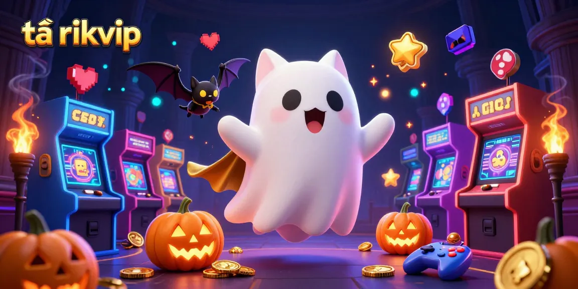 Tải rikvip with a ghost cat and a vampire bat playfully exploring a haunted casino scene.