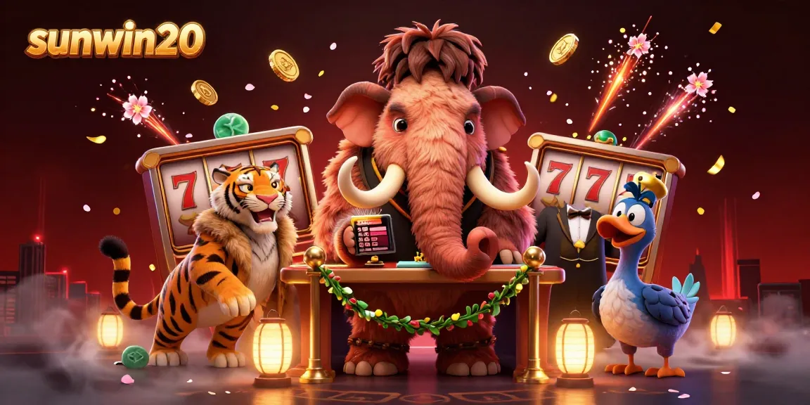 Engage in thrilling action with sunwin20, showcasing vibrant slot games and dynamic characters at a casino door.
