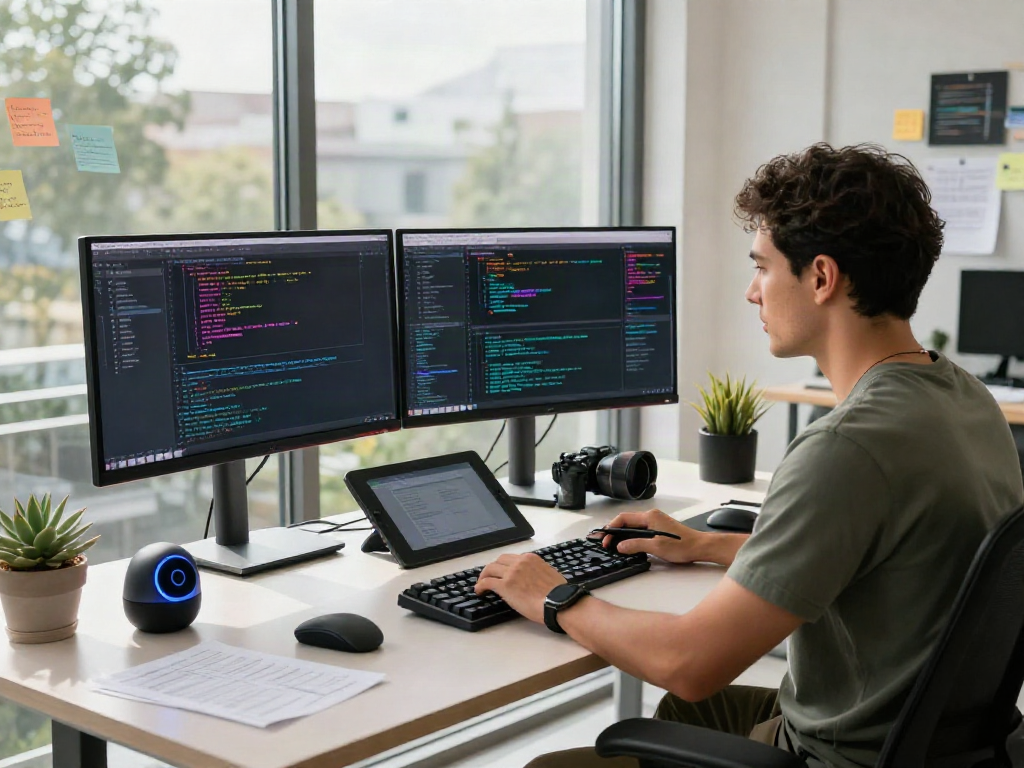 Developer utilizing spicy ai technology in a modern workspace, surrounded by code and high-tech gadgets.