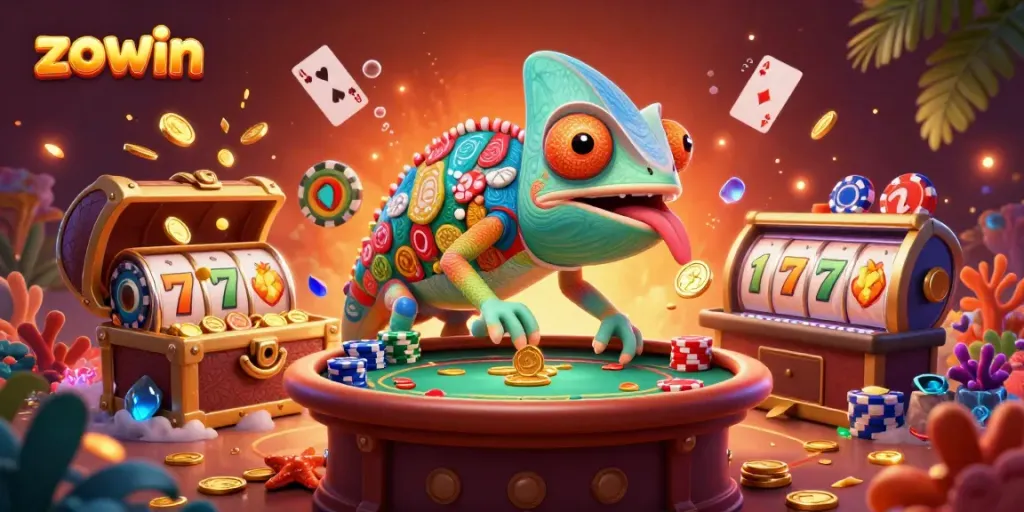 Experience the thrill of the casino world with the vibrant and colorful depiction of zowin, featuring a chameleon owner capturing golden coins.