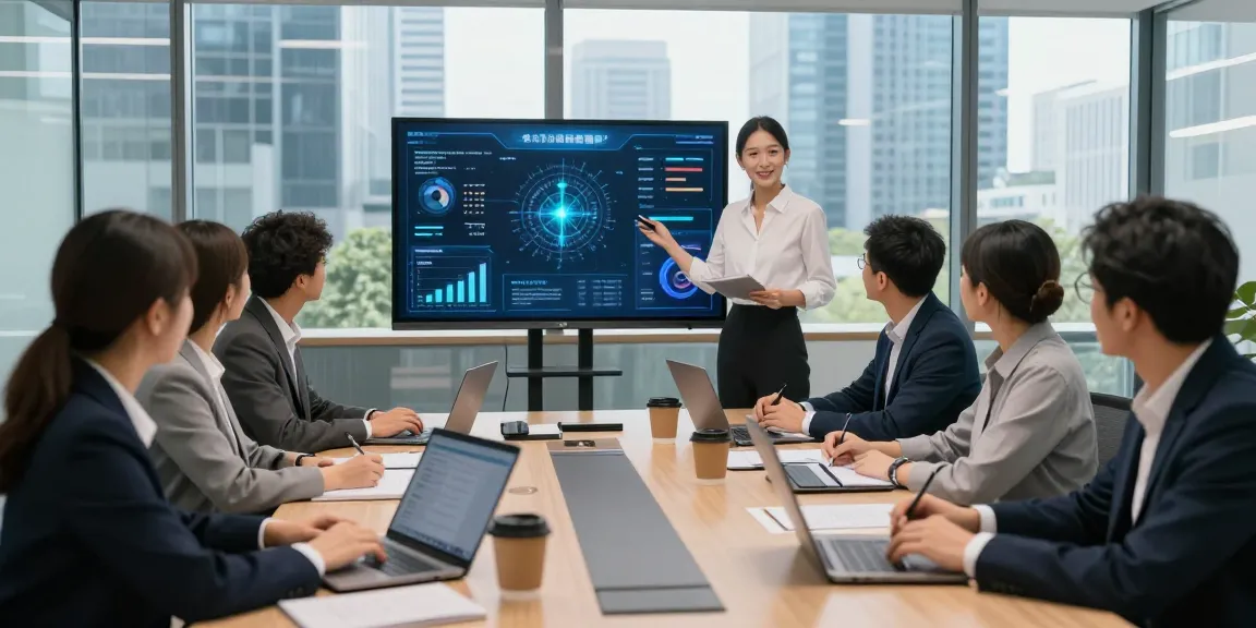 Business professionals collaborating on AI for business strategies in a modern office environment.