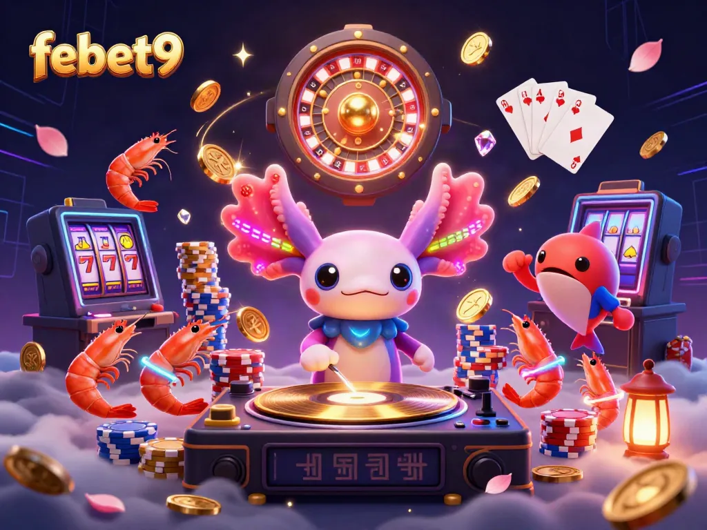 Experience the vibrant world of febet9 with a neon axolotl DJ and dancing sea creatures, showcasing casino excitement.