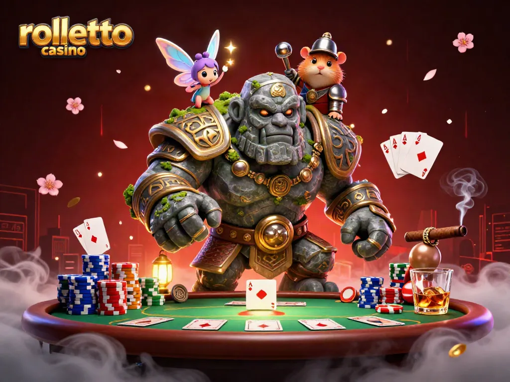 Engage in the rolletto casino experience with an exhilarating scene featuring a golem, fairy, and hamster knight.