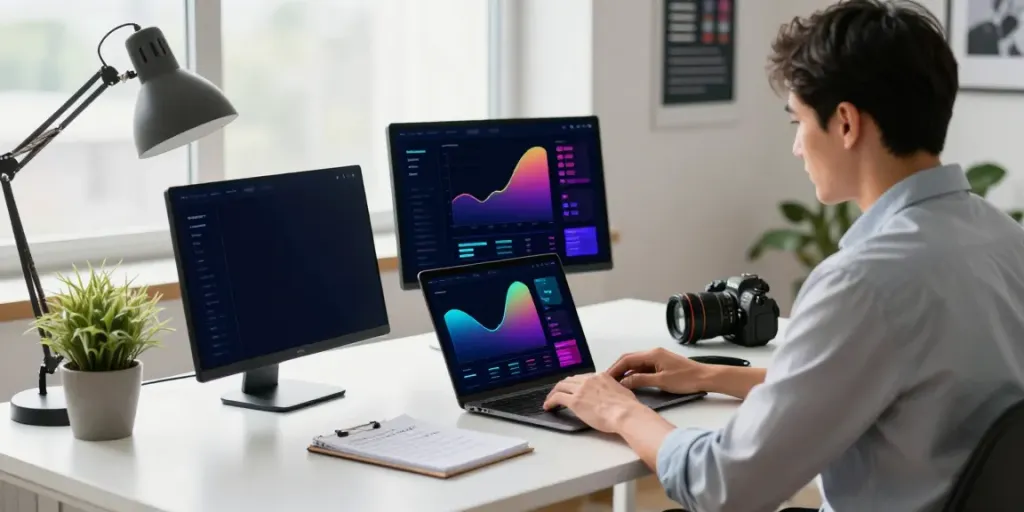 SEO specialist analyzing instant indexing data in a modern office.