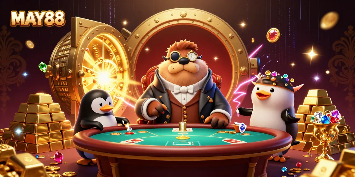MAY88 invites players into an underwater poker game depicted by a mystical walrus, penguin dealer, and bluffing pufferfish amidst treasure.
