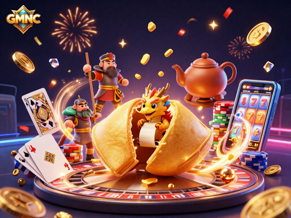 Engage with GMNC and experience captivating online casino thrills featuring a vibrant 3D scene with festive elements.