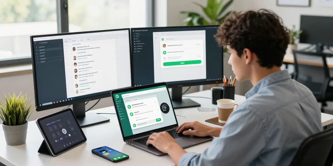Using WhatsApp網頁版 on a laptop in a vibrant office setting