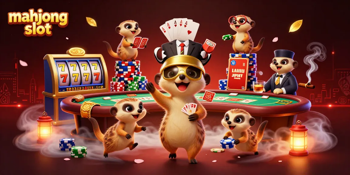 Experience the excitement of the mahjong slot with these animated meerkats in a vibrant casino setting.