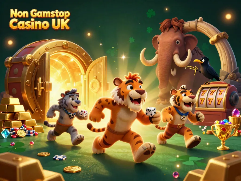 Experience the thrill of a Non Gamstop Casino UK with a lively prehistoric casino scene featuring classic game elements.