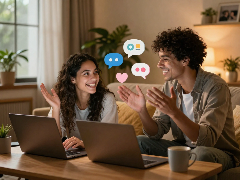 Engaging sexchat scene with two people comfortably chatting in a cozy home office setting.