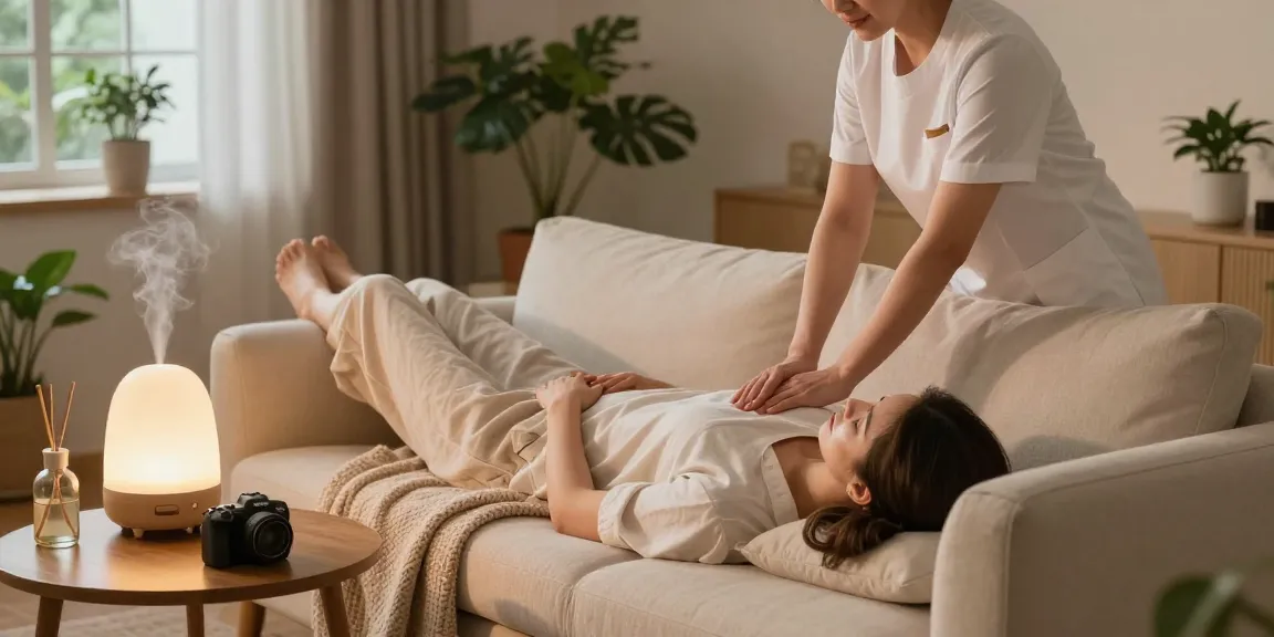 출장마사지 session in a cozy home environment with a therapist preparing for a relaxing massage.