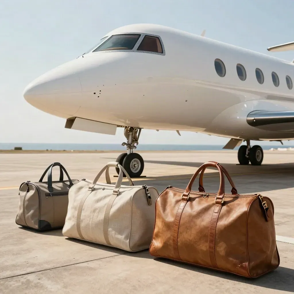 Private jet nose with family luggage on a sunny Mediterranean apron, low angle