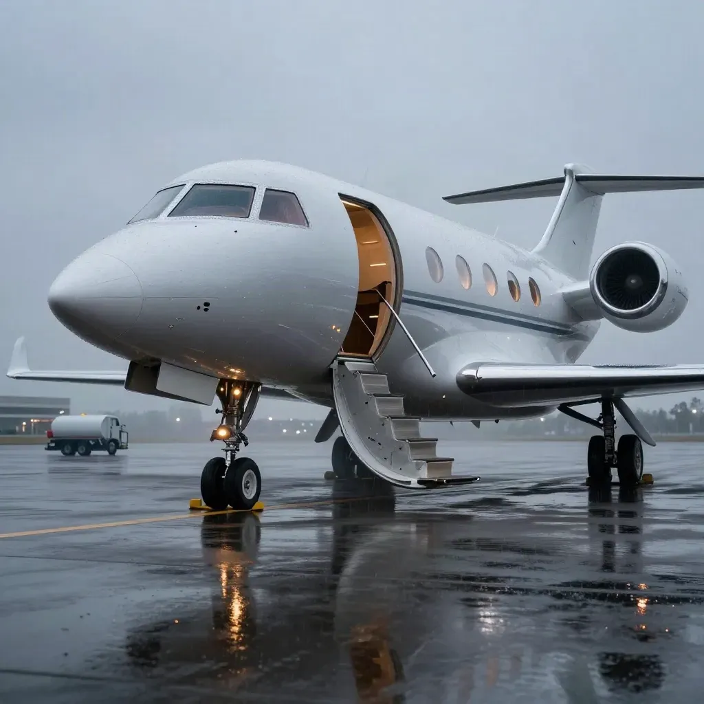 Silver private jet on a wet apron at blue hour with open stairs and mist