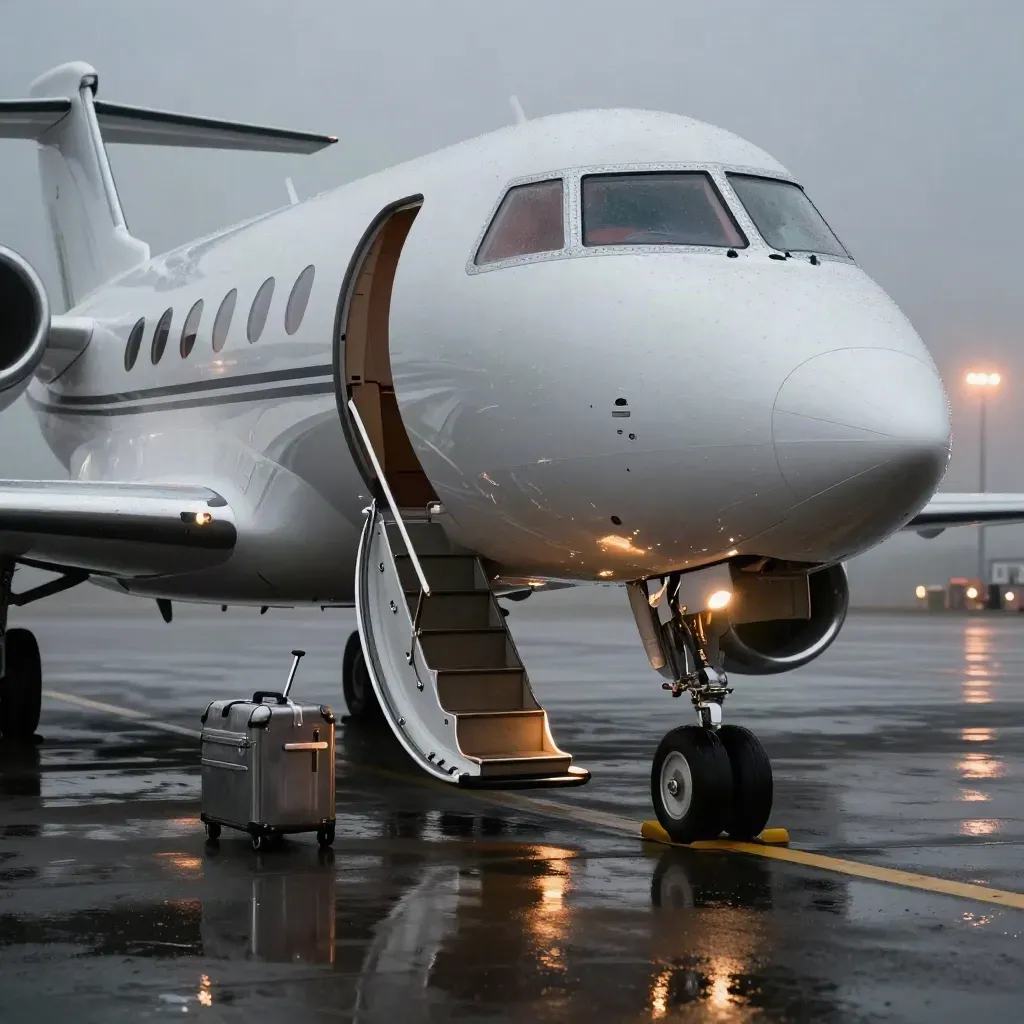 Private jet nose, open stair, wet stand reflections and apron lights in light rain.
