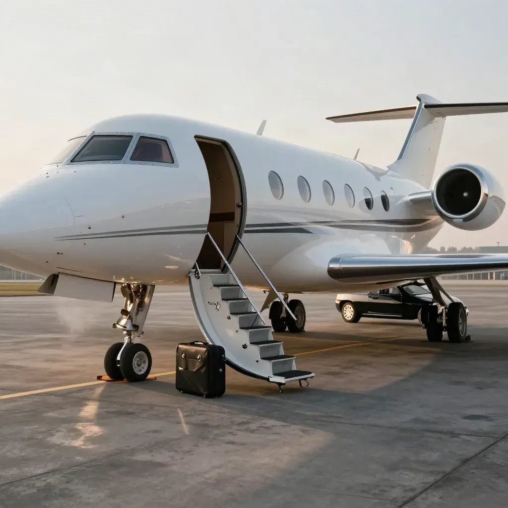 Private jet at a city apron with overnight case and executive car in dawn mist.