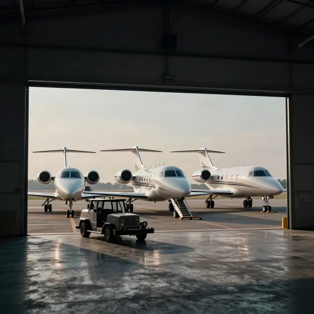 Three private jets beside an open hangar with stairs, tow tug, and haze on polished concrete.