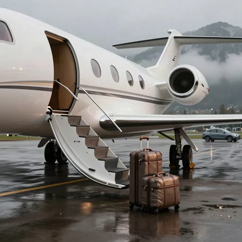 Private jet on rain-dark Geneva apron with luggage, car, Lake Geneva and misty Alps beyond