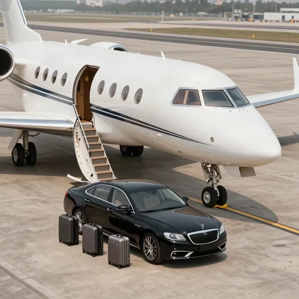 Private jet, executive car and three overnight cases aligned on a Milan apron in heat shimmer.
