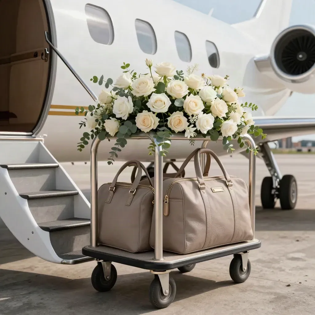 White-and-gold private jet stairs beside floral trolley and soft bags on a hazy Côte d’Azur apron.