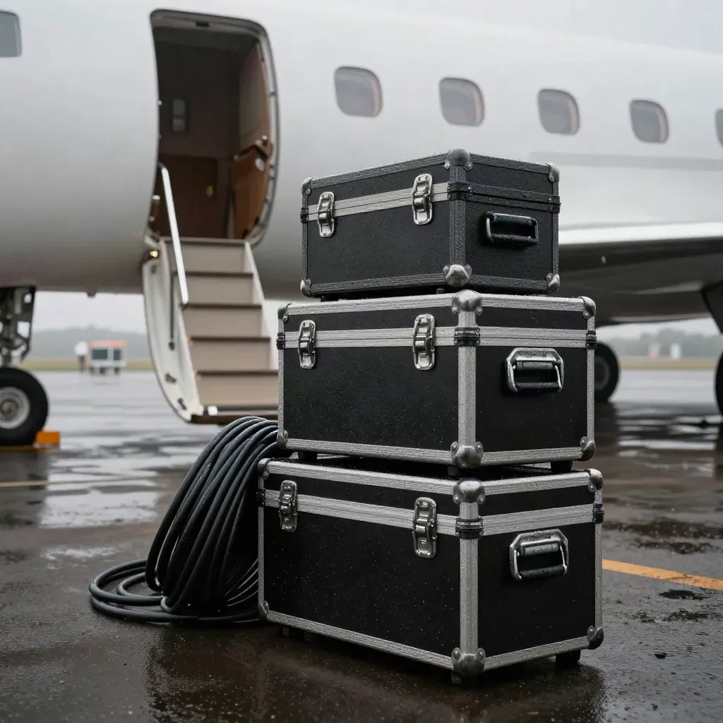 Rain-soaked jet stair with stacked flight cases and coiled cable on a Dublin apron.