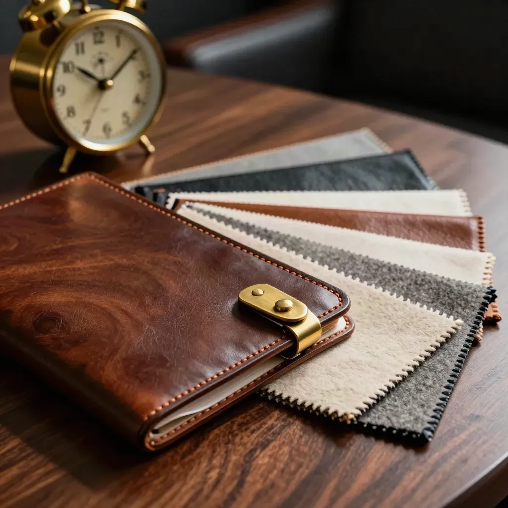 Leather flight folio, brass clock, and cabin swatches on walnut in a premium macro still life.