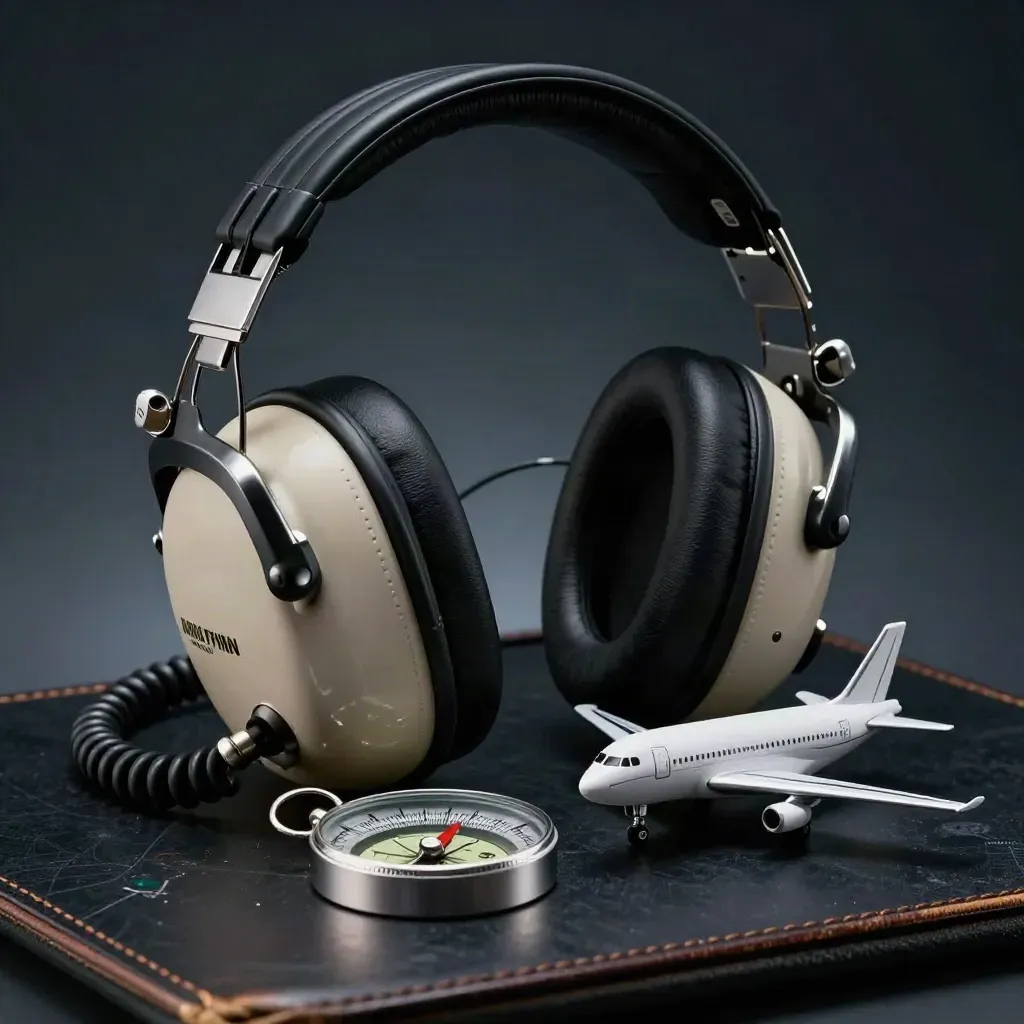 Headset, route compass, and model jet on a dark navigation surface in dramatic studio light.