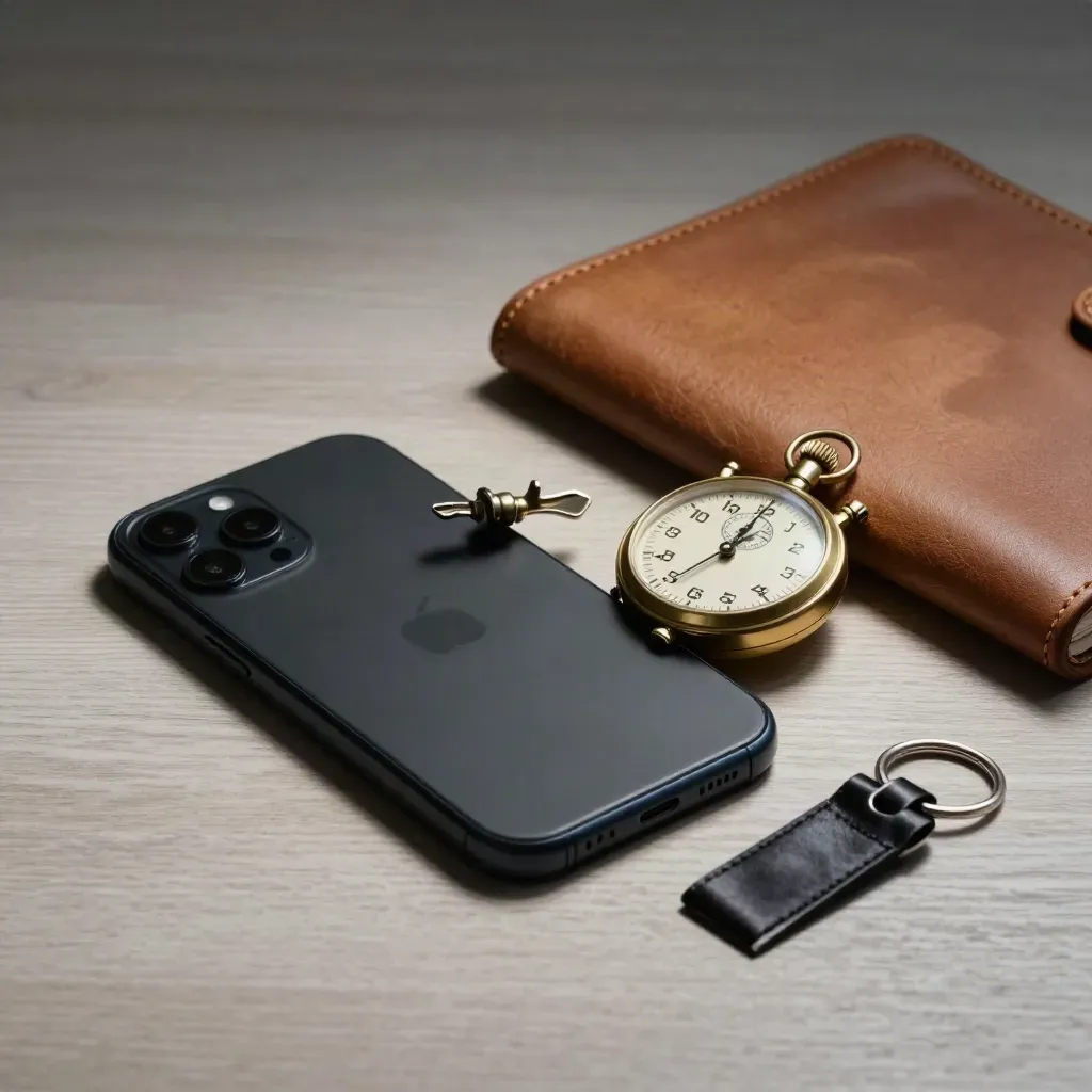 Black smartphone, leather folio, brass stopwatch and key tag on pale ash wood, lit from upper left.
