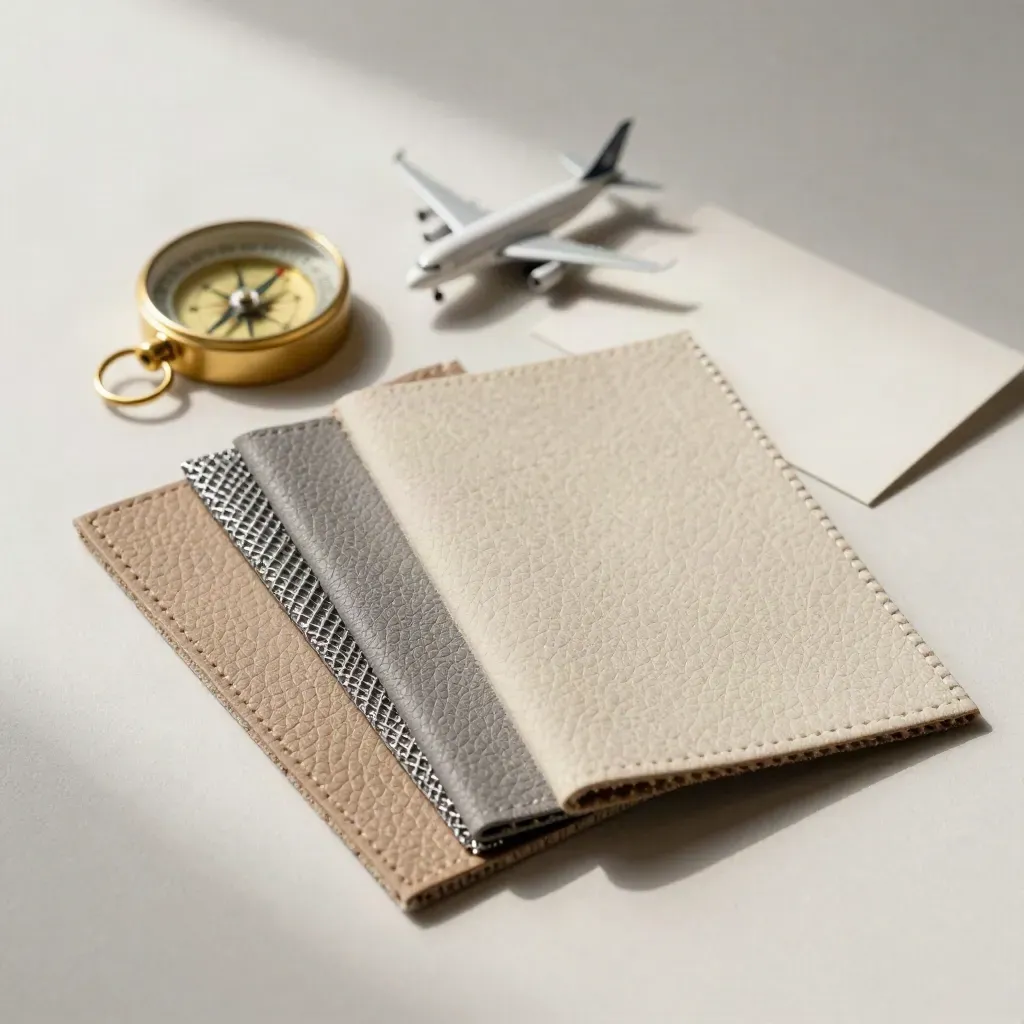 Three aircraft material swatches, brass compass, and jet model on pale plaster.