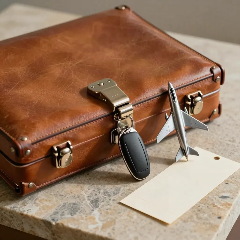Locked leather briefcase, key fob, and jet model on limestone