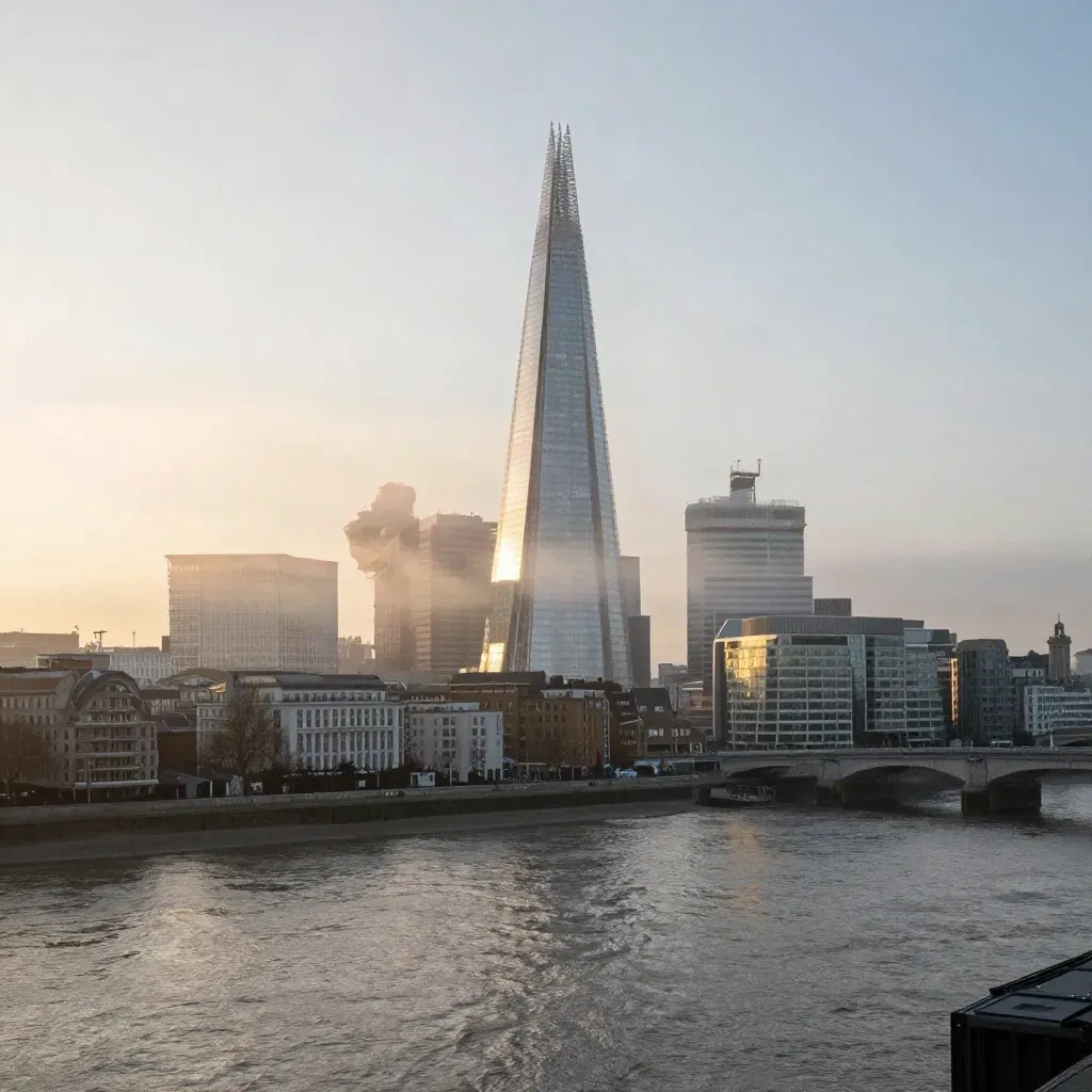 Dawn panorama of London with The Shard above the Thames and misty Heathrow approach paths.