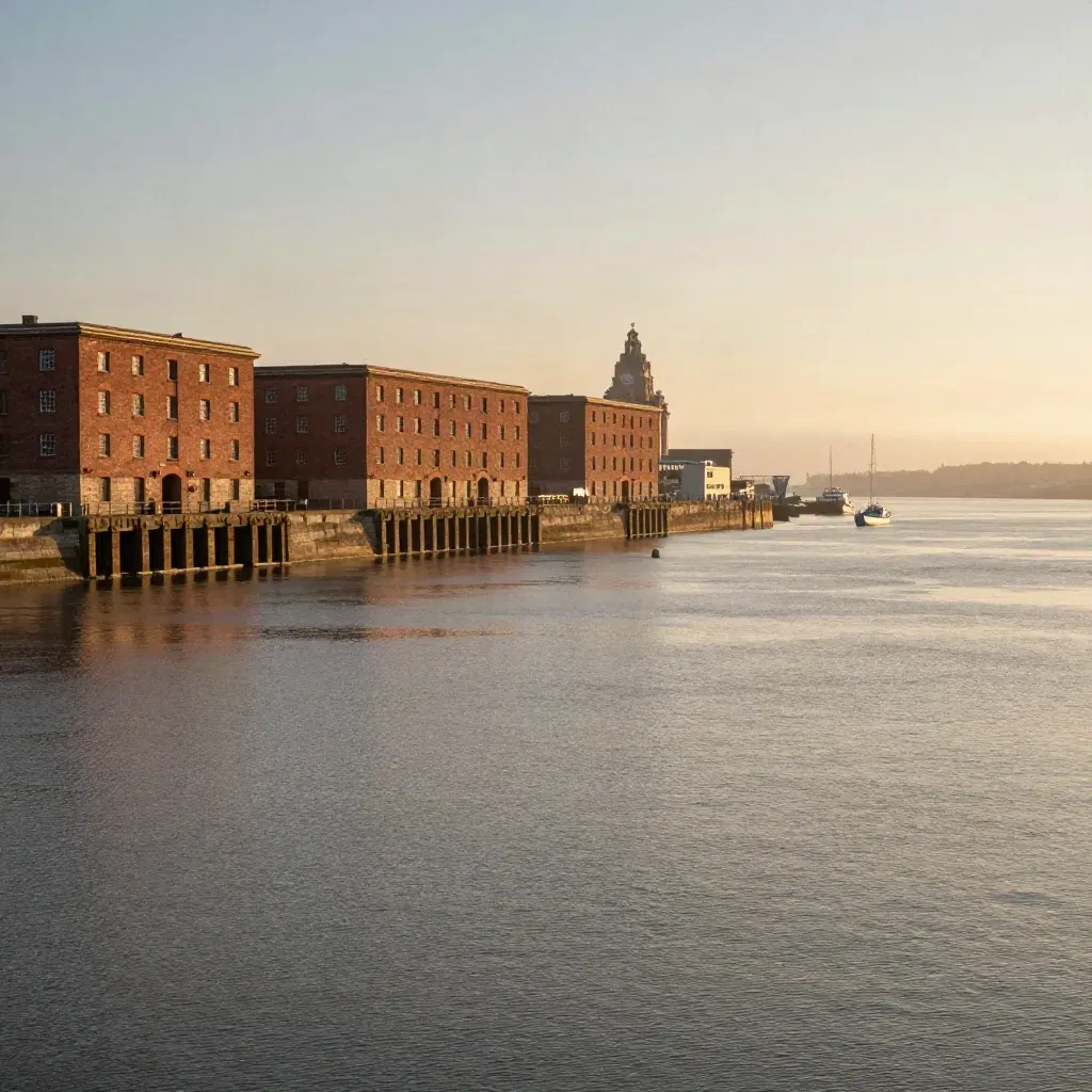 Liverpool waterfront and Mersey estuary in warm golden haze, open calm water for headline copy.
