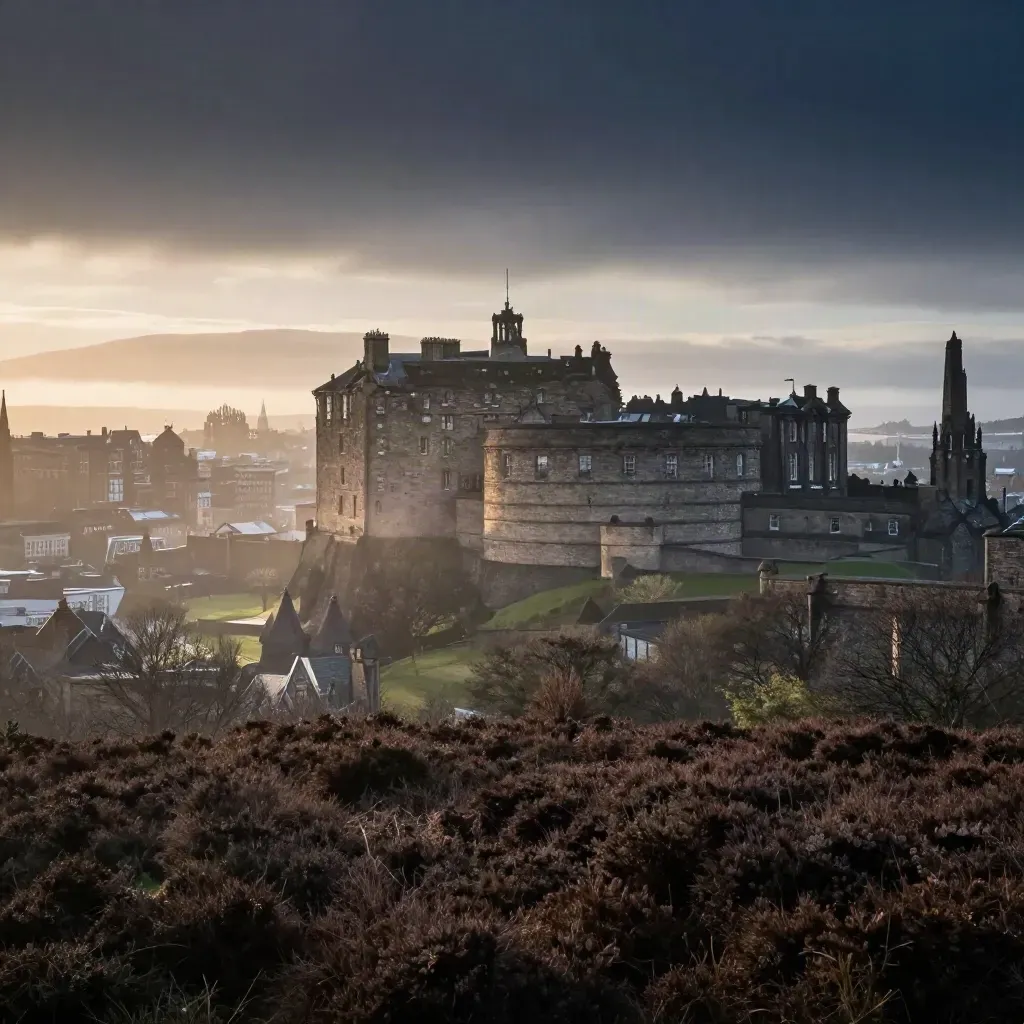 Edinburgh Castle above morning mist and quiet Scottish moorland