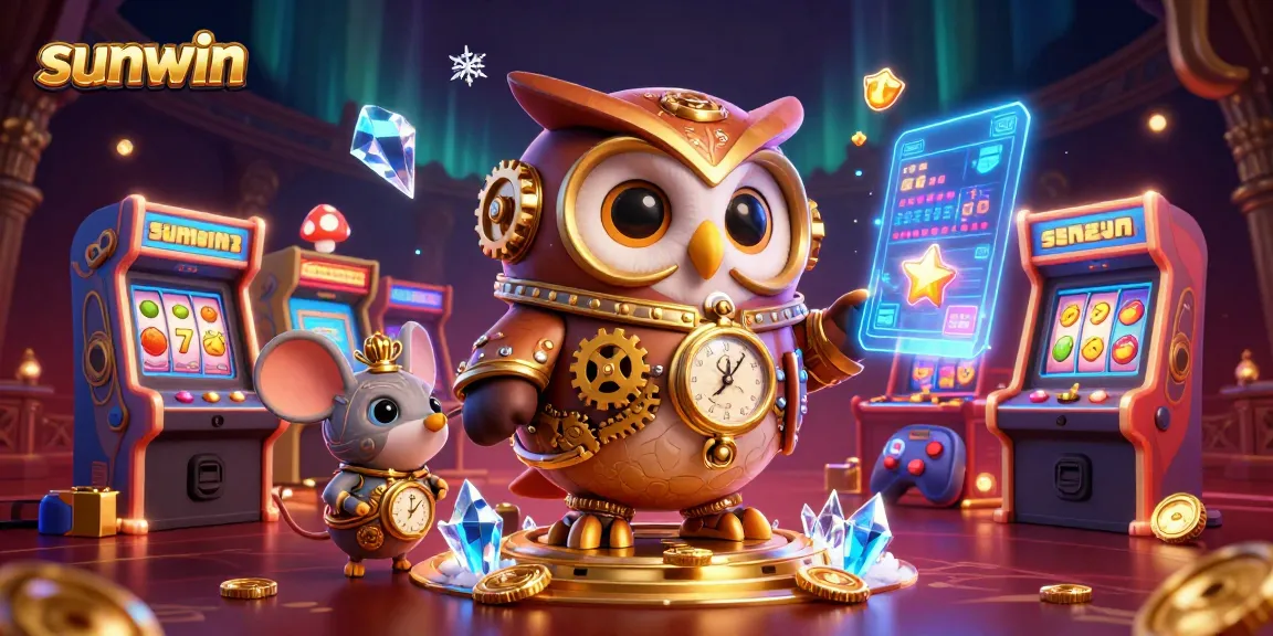 Engage with sunwin's thrilling casino experience amidst a vibrant 3D illustration featuring steampunk characters.