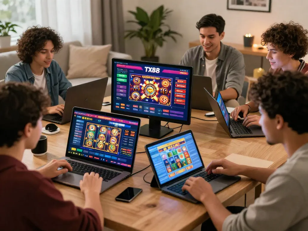 Engaged players enjoying the tx 88 online gambling experience at home, showcasing vibrant gaming interface and excitement