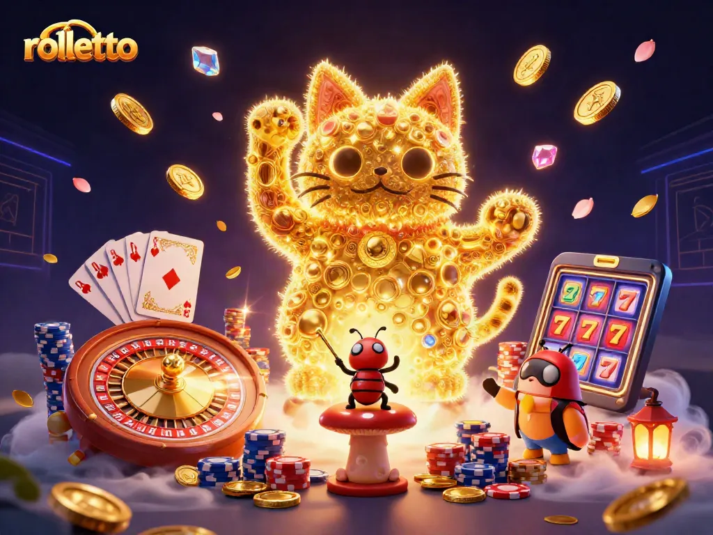 Engage in gaming excitement at Rolletto with vibrant visuals of casino symbols and lucky charm elements.