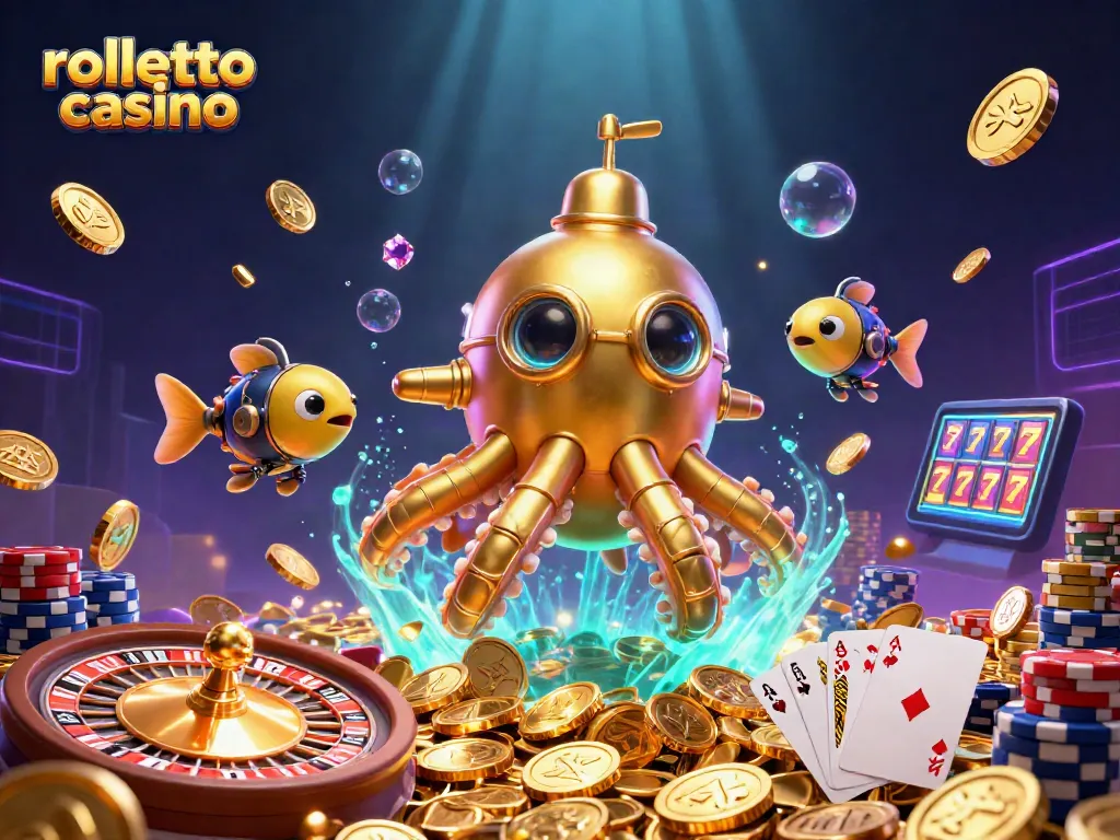 Engaging scene of rolletto casino with golden kraken submarine, coins, and gaming elements.