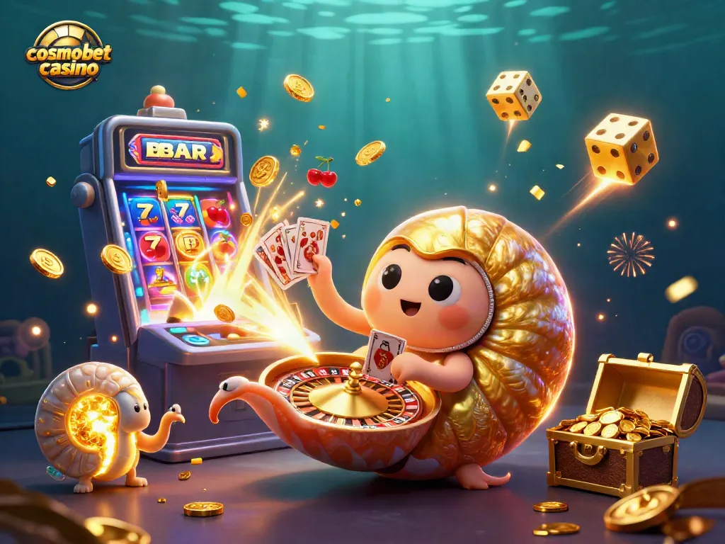 Engage with cosmobet casino's dynamic features featuring vibrant slot machines and a captivating nautilus character.