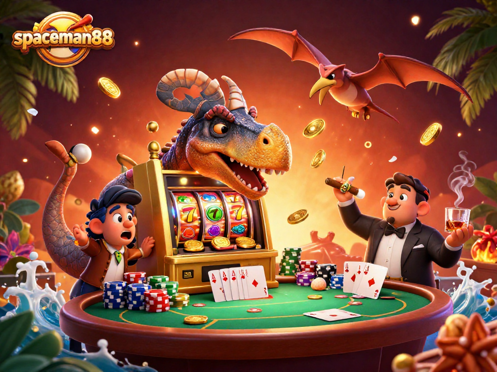 Spaceman88 celebrates wins with a dinosaur at a jackpot slot machine, showcasing casino excitement.